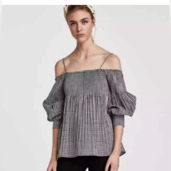 Zara Basic Plaid Gingham Babydoll Off The Shoulder Top - Picture 2 of 6